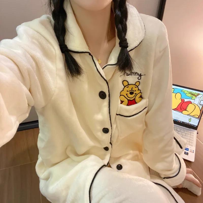 

New Winnie The Pooh Pajamas Cardigan Polar Fleece Thickened Set Flannel Warm Cartoon Two-piece Set Home Clothes Women s Pajamas M