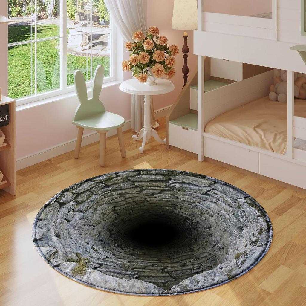 3D Deep Hole Stone Well Round Rug, Optical Illusion Abyss Floor Mat, Vintage Cobblestone Circle Carpet for Entryway, Living Room