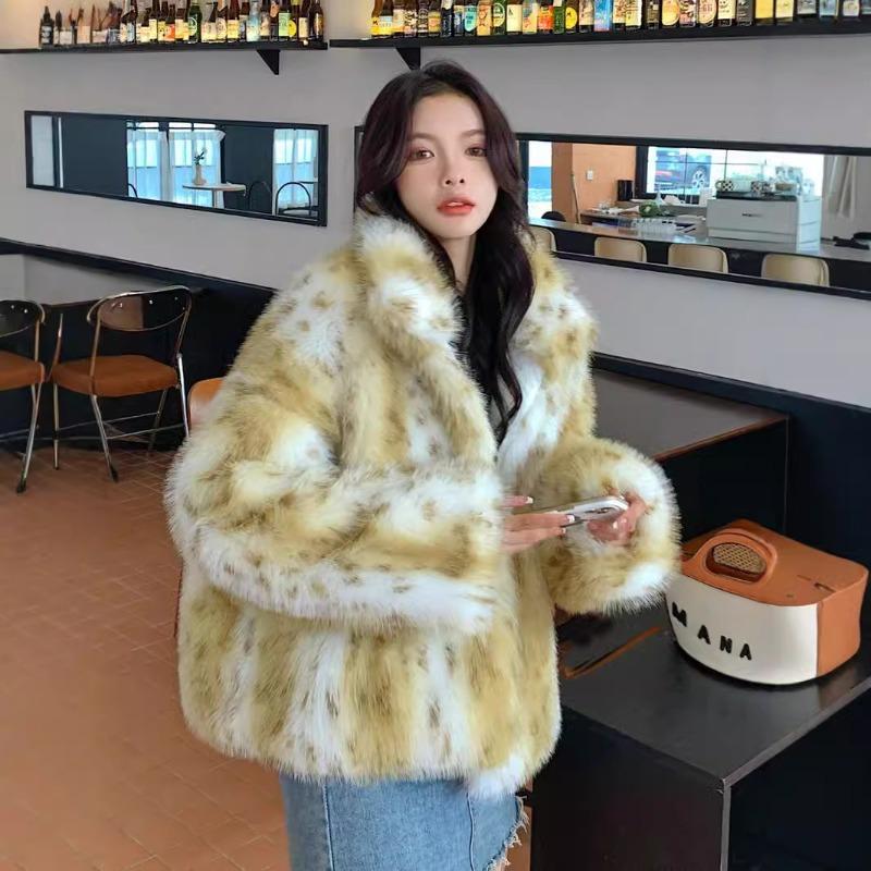 Winter lynx pattern fur women's clothing leopard print fluffy coat new toka plush clothes thick