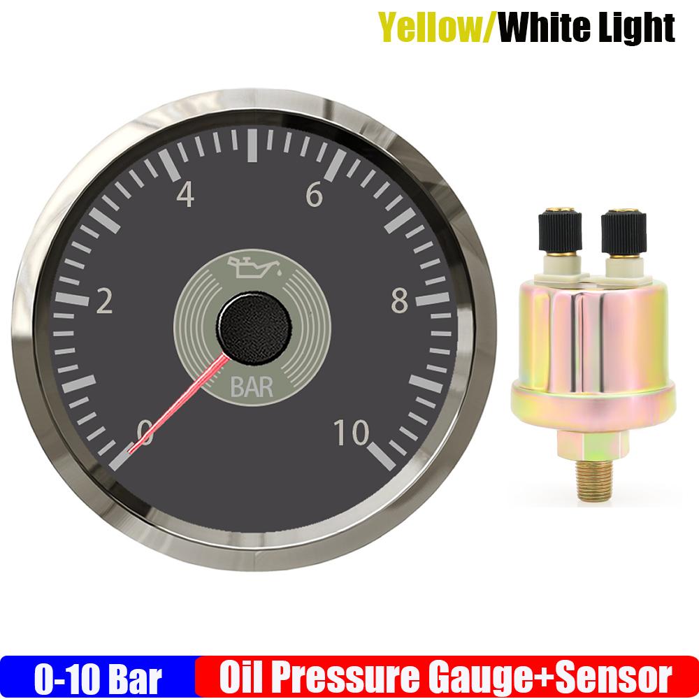 Retro Vintage Classic 0-10 Bar Oil Pressure Gauge Yellow Red LED 2" 52mm Oil Pressure Meter with Sensor 1/8NPT for Car Boat