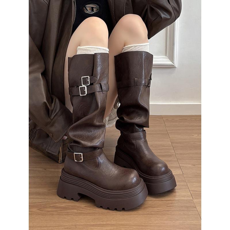 Thick-soled Heightening Maillard Boots Women's Vintage Tall Knight Boots Pile Boots Western Boots