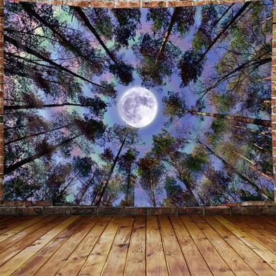 Trippy Maan Bos Plafond Wandkleed voor Slaapkamer Esthetiek, Koel Psychedelische Bomen Sterrenhemel Melkweg Wanddecoratie,