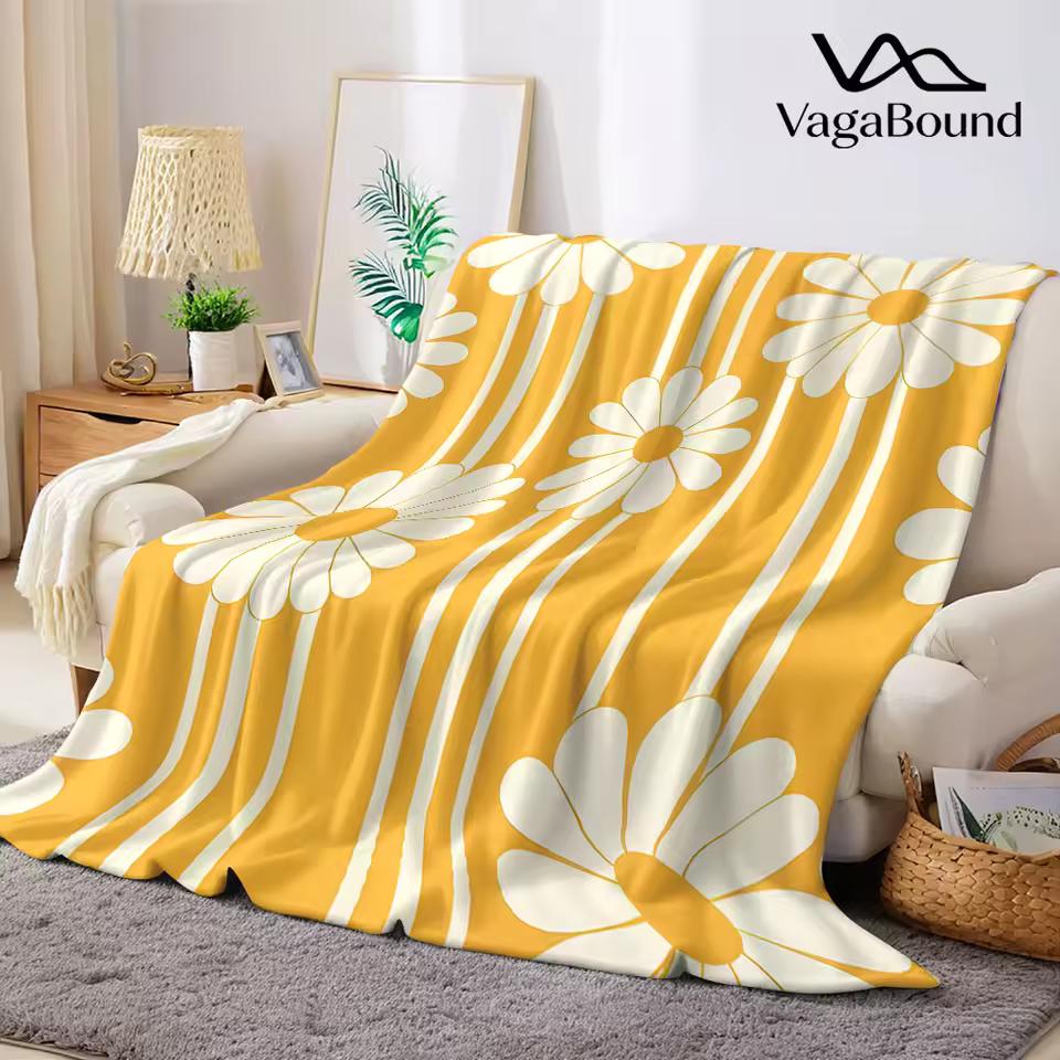 Yellow Stripe Daisy Flannel Blanket Warm Soft Halloween Christmas Decorative Couch Warm Cozy All-Season Gift