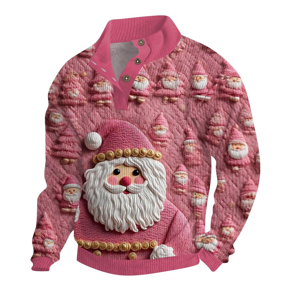 Men's Christmas Cotton Pullover Long Sleeve Outdoor Shirt Vintage Corduroy Button Stand Collar Shirt Casual Sweatshirt Christmas Print Top