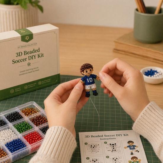 Beaded Football Player DIY Kit, 3D Tiny Beaded Figure Craft Kit, Cute Mini Soccer Player Bead Craft Set for Beginners Teens Adults