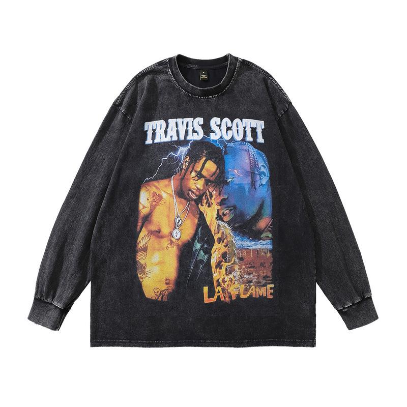 Hip Hop Rap Portrait Print Long Sleeve T-Shirt Autumn Retro Fried Color Men'S Crew Neck Sweater