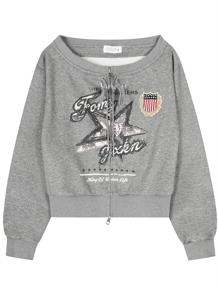 Long sleeve oversized zip-up sexy off the shoulder casual loose women spring autumn sweatshirt tops