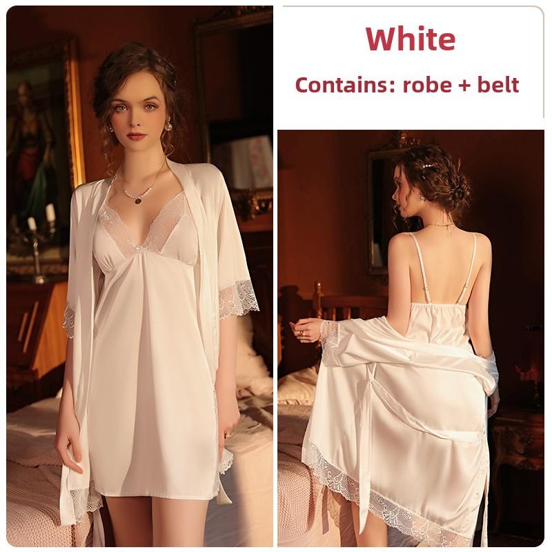 Comfortable Pajamas Solid Color Lace Pajamas Split Suspender Skirt Strap Robe Loungewear Set