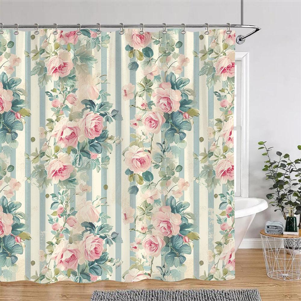 Pretty Roses Shower Curtain Mysterious Purple Flower Butterfly Valentine's Gift Polyester Bath Curtain Bathroom Decor with Hooks