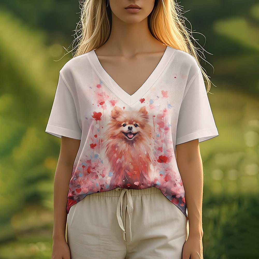 Summer Women's T-Shirt Oil Painting Puppy Print Casual Short-Sleeved 3d T-Shirt Fashion Street Wear V-Neck Pullover Oversized Wo