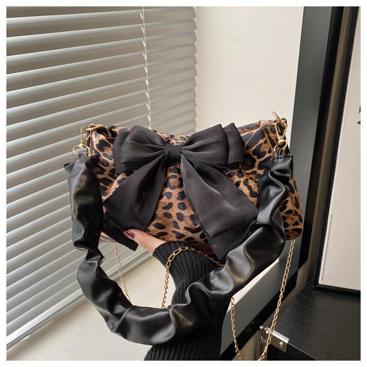 Pleated New Trend Female Personality Leopard Print Baguette Bow Fashion Shoulder Armpit Small Square Bag