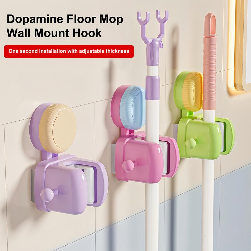 3pcs Dopamine Mop Wall Clamp,Suction Cup,Bathroom Door,Non Perforated Broom Hanging Rack,Hanging Support Reset Shelf, Hook