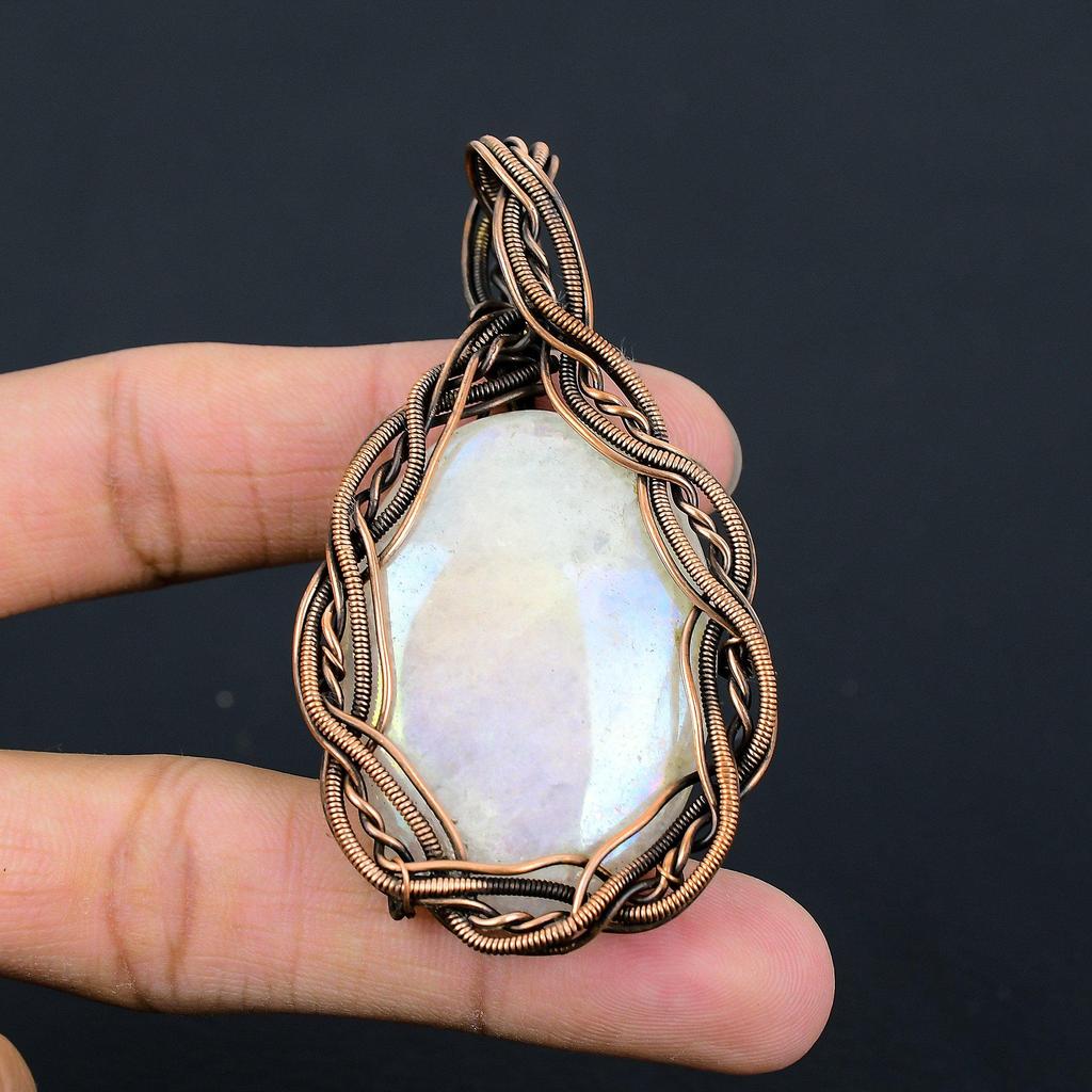 Moonstone Gemstone Copper Wire Wrap Beautiful Handmade Pendant Jewelry