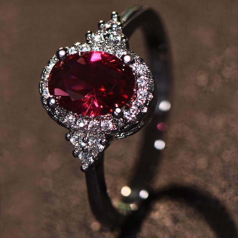 European and American Luxury Oval Ruby Crystal Ring with Full Diamond Setting