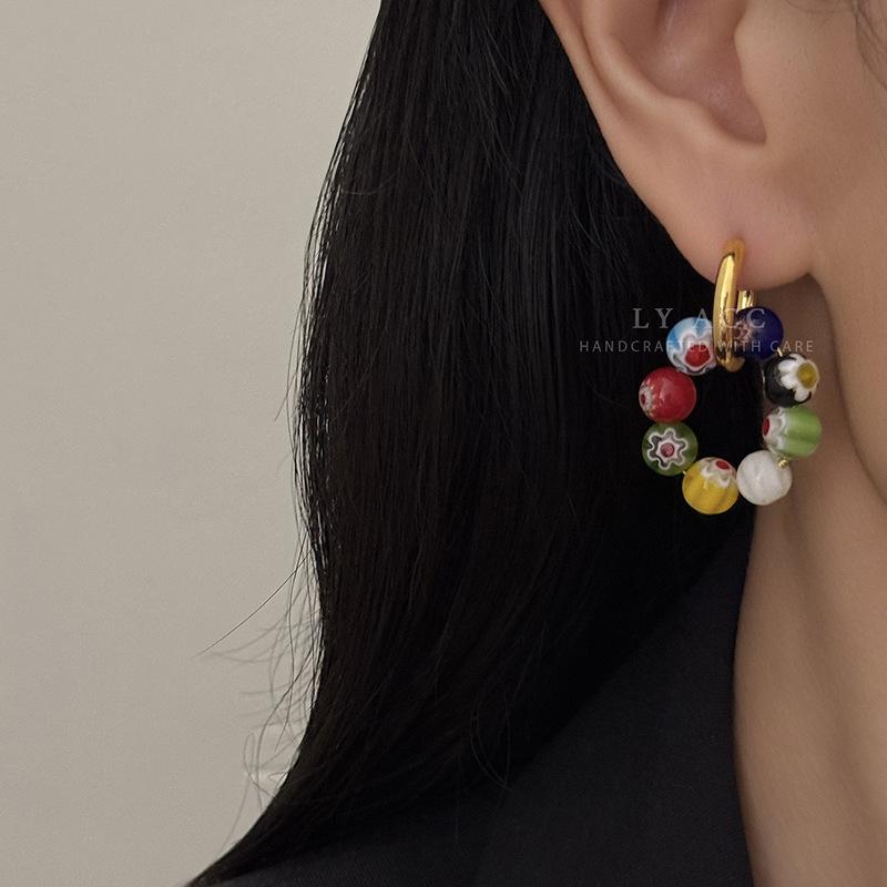 Colorful Flower Glazed Bead Gold Earrings Niche Retro Lively Atmosphere Sweet Cool Girl Colored Fashion Earrings