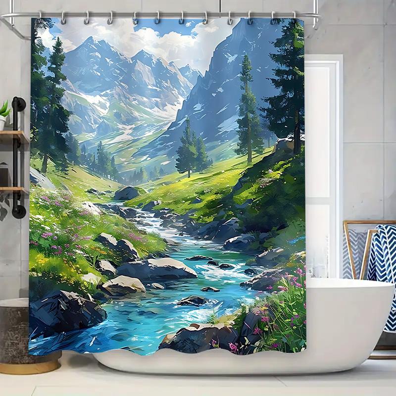 Scenic Mountain Stream Landscape Shower Curtain  Nature-Inspired Home Decor for Relaxing Baths Waterproof Polyester ElevateSpace