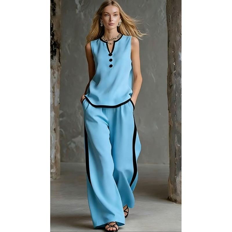 2026 Womens Sleeveless V-Neck Top Wide-Leg Pants Set Color-Block Contrast Trim Lightweight Breathable Outfit