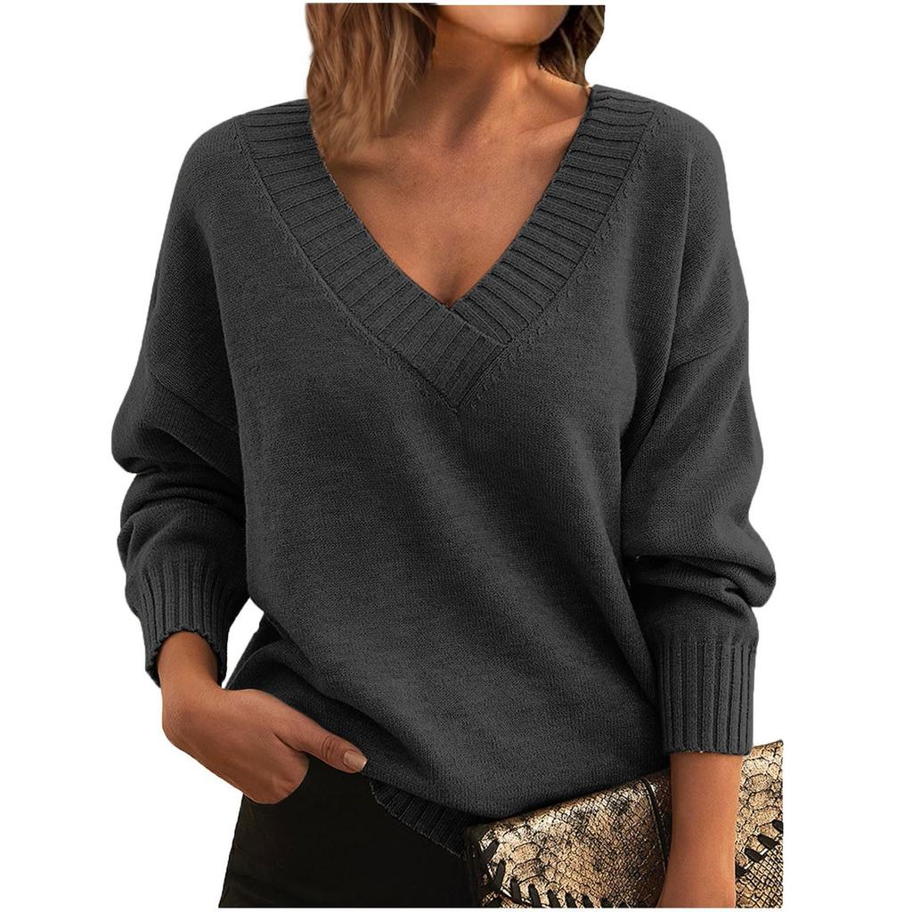Women's Fashion Casual Solid Color Sweater Set Head V Neck Warm Long-sleeved Sweater