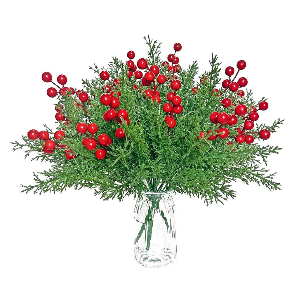 Artificial Christmas Flowers With Red Berry Stems, Fake Norfolk Garland Branches For Winter Decor, Faux Christmas Garland Tree Picks And DIY Crafts