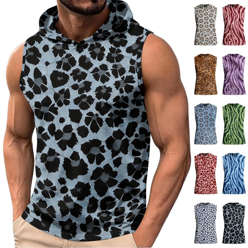Men's Sleeveless Hoodie Lightweight Casual Vest with Leopard Print Pattern Fashionable Design for Summer Outdoor Activities Gym and Daily Wear
