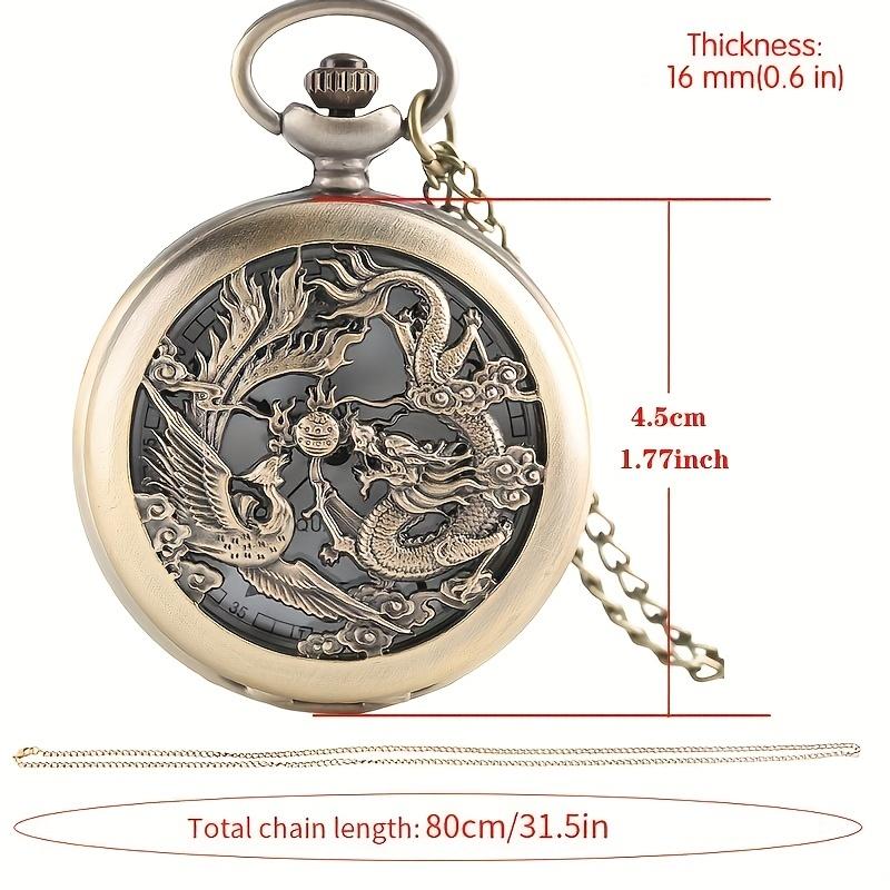 Antique Double Dragons Playing with Beads Pattern Quartz Pocket Watch With Necklace Chain Vintage Gift for Male Women and Kids