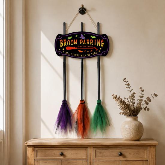 Hanging Broomstick Holiday Ornaments Halloween Broom Parking Sign with 3 Witch Brooms, Hocus Pocus Themed Wooden Sign, Yard And Porch