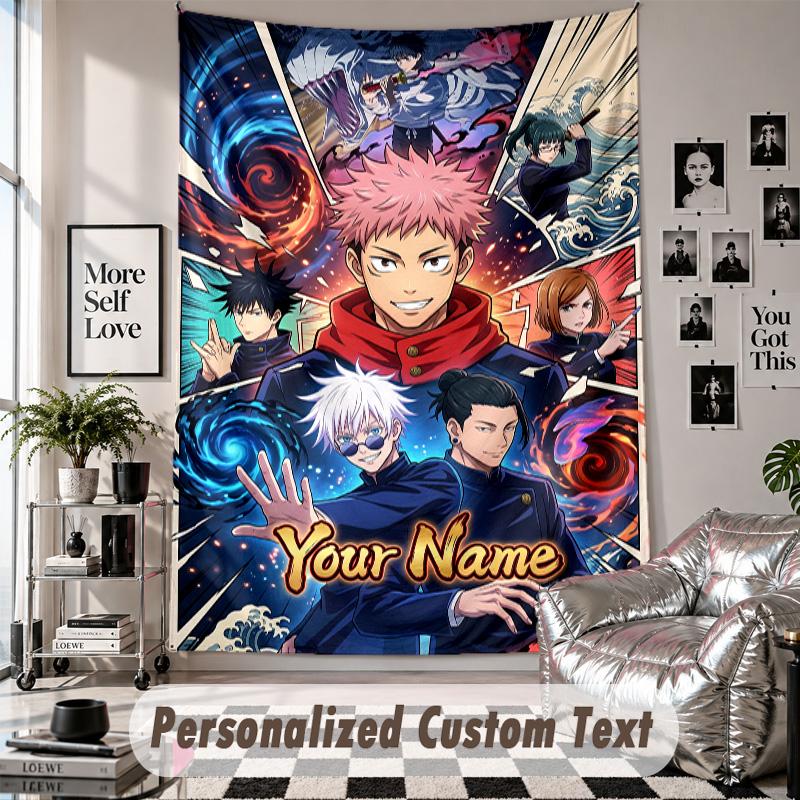 Arazzo da Parete con Nome e Testo Personalizzati, Arazzo Decorativo Jujutsu Kaisen per Camera da Letto