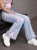 Women's Light Blue Wide-Leg Washed Jeans - Sweet European & American Style
