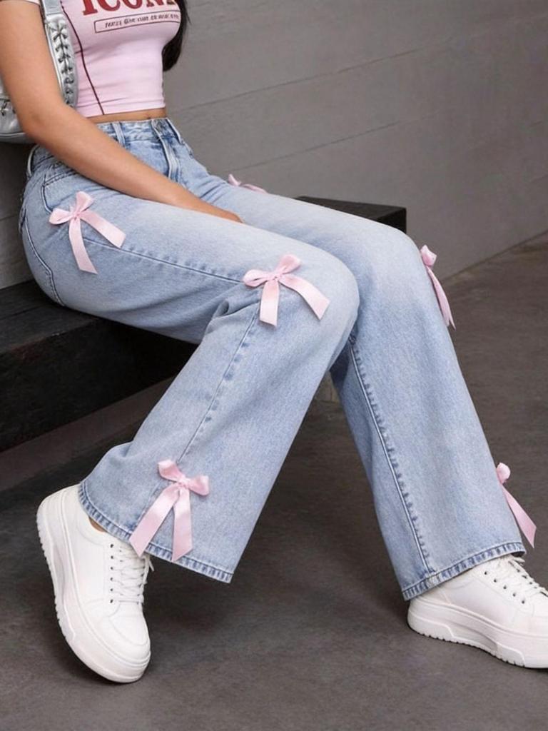 Women's Light Blue Wide-Leg Washed Jeans - Sweet European & American Style