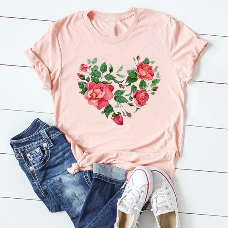 (Asian Size) Tee Top Clothing Casual Love Heart Valentine Short Sleeve Fashion Tshirt 90s Women Print Summer Lady Female Graphic T-shirt