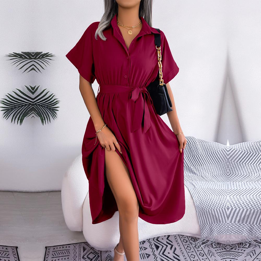 Women New Spring Summer Casual Loose Solid Color Lace Up Shirt Skirt Lapel Neck Button Dress
