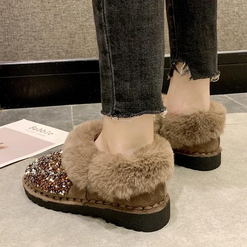 Fashion Female Shoes Outdoor Ankle Women's Boots Warm Snow Boots Women Rhinestones Round Toe Slip On Low Heel Shoes Women