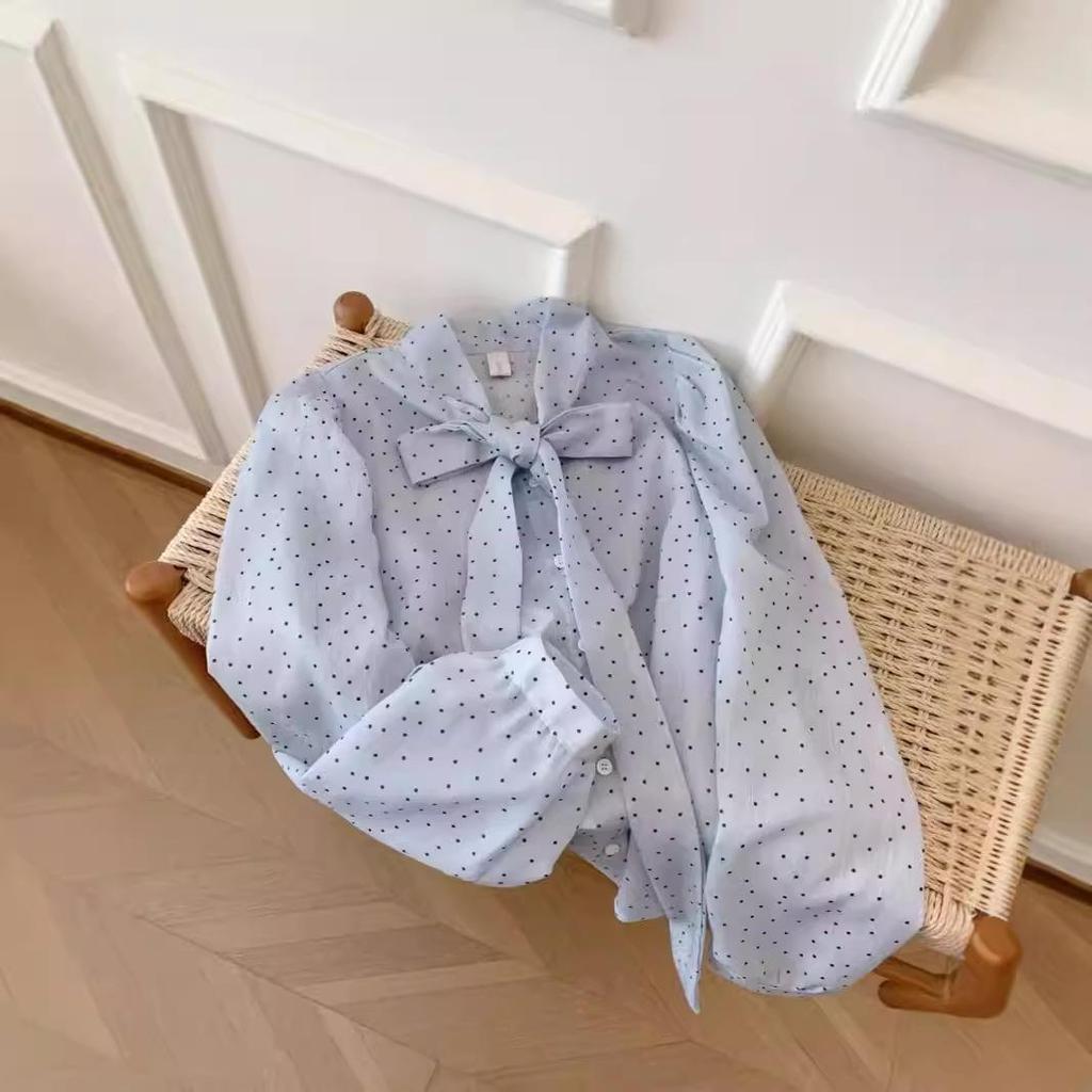 Women's Summer Chiffon Sun Protection Shirt with Blue Polka Dot Bow Design