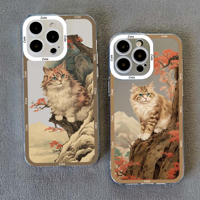 Painted Plum Blossom Flower Cat Clear Phone Case For iPhone 11 12 13 Pro Max 14 15 Pro Max Plus XS XR X Transparent Back Cover