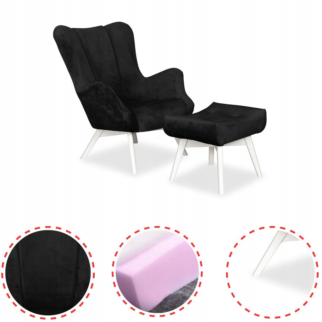 Vika Scandinavian Armchair with Footrest, Pouffe, Profiled, Family Meble, Black