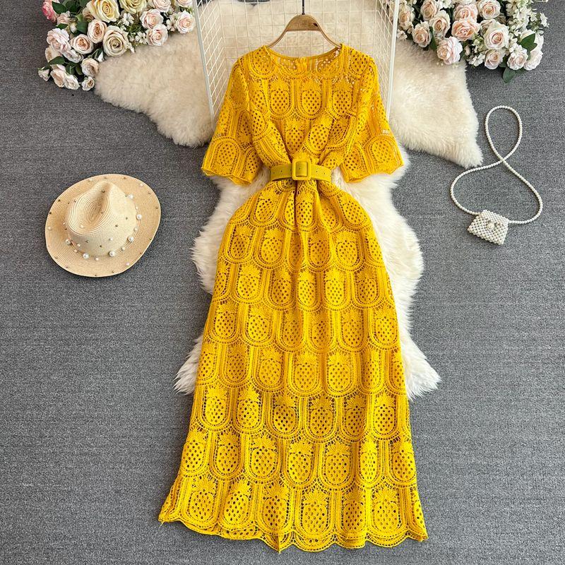 

Summer Retro Cut Out Lace Dress Elegant Short Sleeve Yellow One size