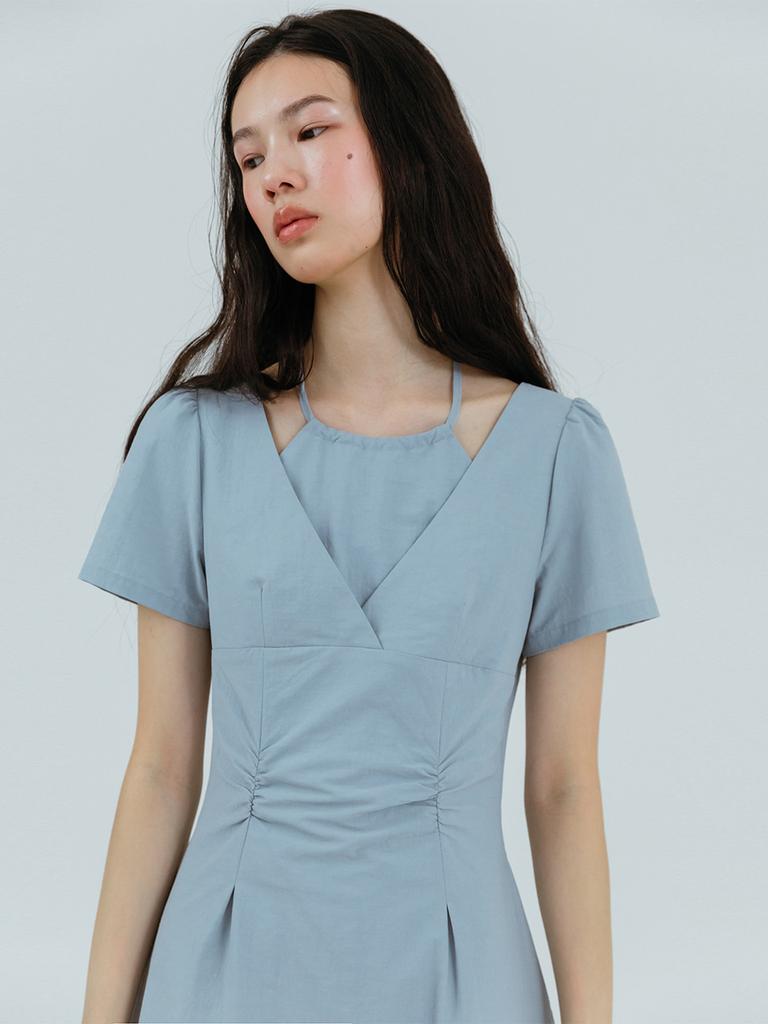 Etmont Halter-Neck Shirring Dress, Sky Blue