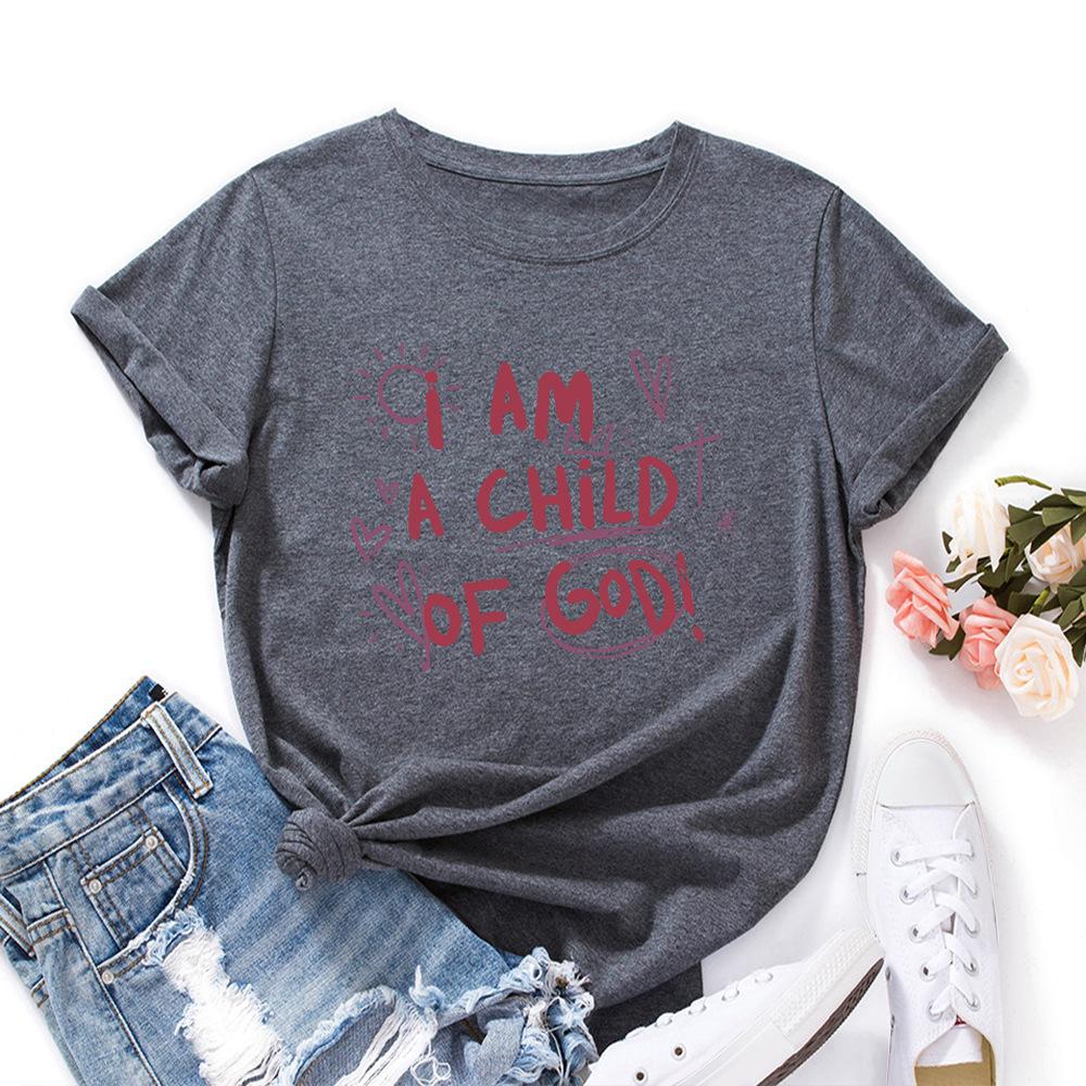 A Child of God Alphabet Cotton T-Shirt Short Sleeve Round Neck Women 2d Print Tops