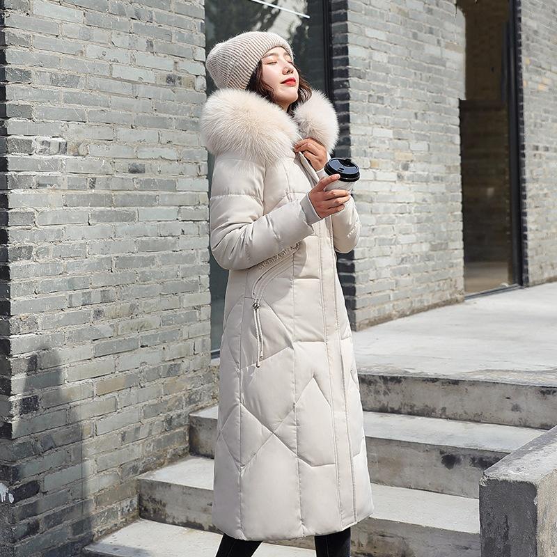 

Зимняя мода Талия тонкая, Утолщенная и Удлиненная, Выше колена Большой меховой воротник S белый