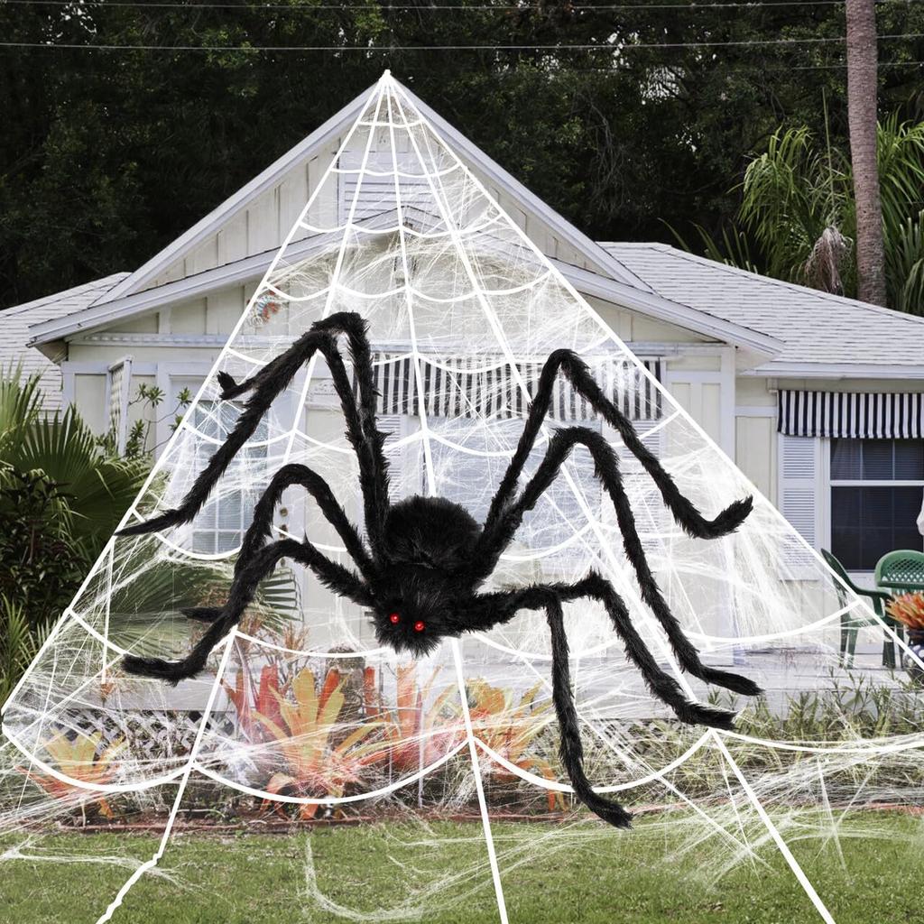JOYFY Halloween 59‘’ Giant Spider with Spider Web Outside Decor Triangular Spiderweb 16.4 X 15.7 Ft and Stretchy Cobweb 100g