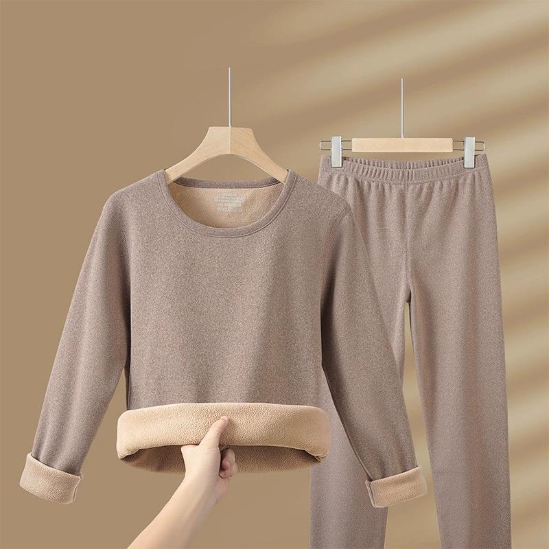 Warme Damenunterwäsche mit dickem Samt und Herbst/Winter-Rundhalsausschnitt, Herbstkleidung und Hose, zweiteiliges Set für Damen