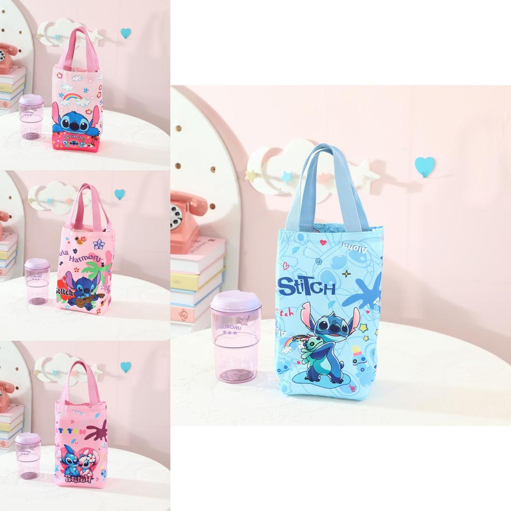 Stitch Print Canvas Insulated Cup Bag With Storage Pouch For Outdoor Use