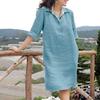 Women Dress Loose Three-quarter Sleeves Solid Color Lapel Knee Length Soft A-line Casual Spring Summer Midi Dress