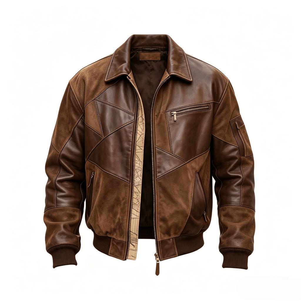 Men's Geometric Splicing Flight Jacket Lapel Zipper Multi-Pocket Retro Jacket