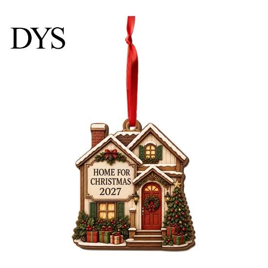 Rustic Hanging Cabin Decor Wooden Christmas House Ornament, 2D Castle Car with Gift Box Set Red String, Tree Pendant, Holiday for Home Indoor Festive
