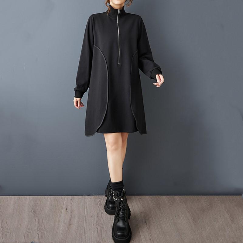 Langärmeliges Baumwoll-Vintage-Übergrößen-Kleid in Schwarz, neu, für Damen, lässig, locker, Midi, Frühlings-Herbst-Kleid