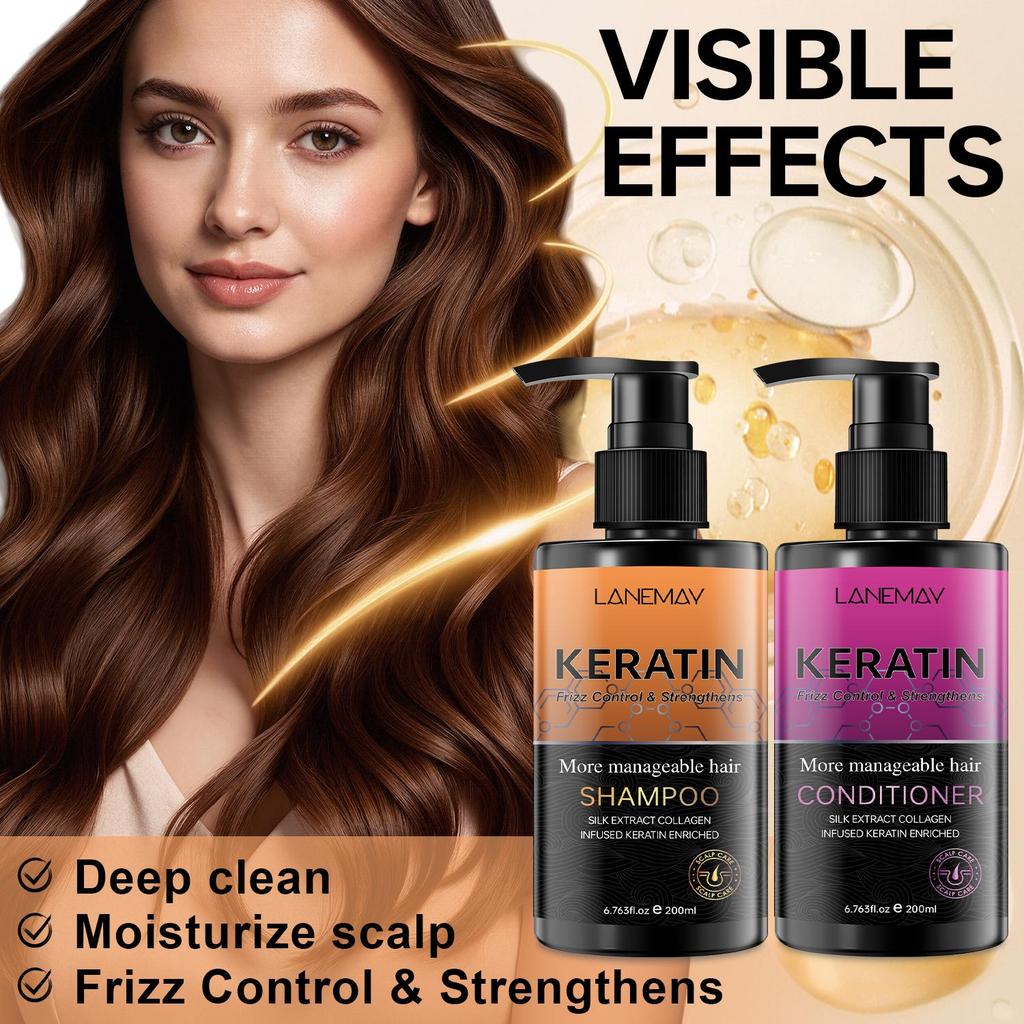 Keratin Shampoo & Conditioner Set-Moisture Scalp-Fizz Control & Strengthens Hair-Suitable For All Hair Types, 200ml+200ml