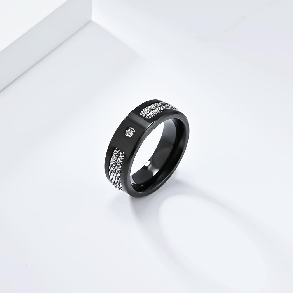 Ins Personalisierter Edelstahlring mit Zirkonia-Einlage für Herren, Silberner Hip-Hop-Stil-Schmuck, modischer Fingerring mit Drahtseil-Design