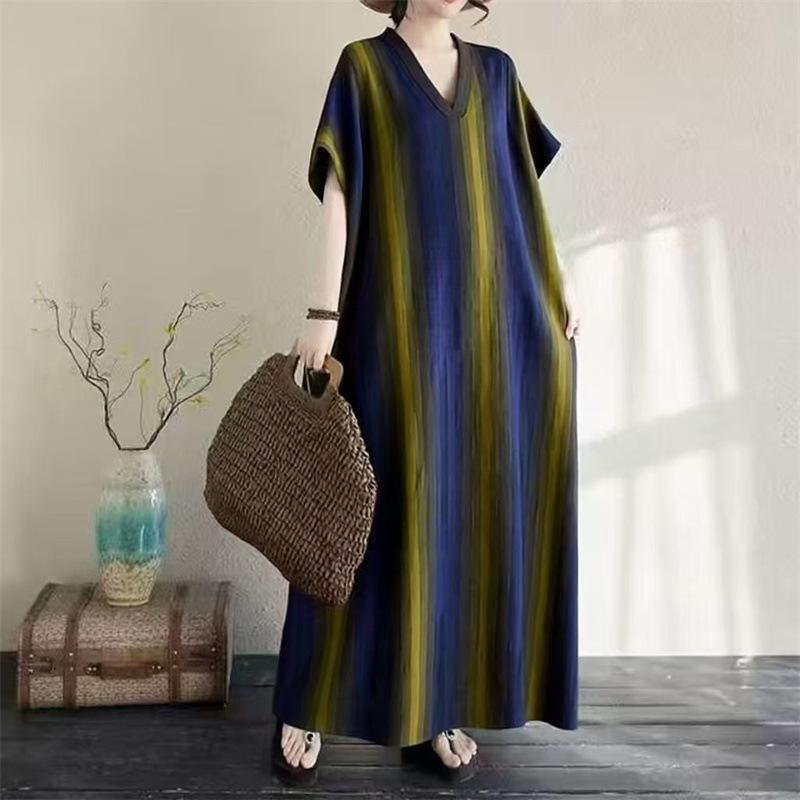 Cotton and linen printed round neck loose large size long sleeve fat MM plus fat plus size fake literary retro dress