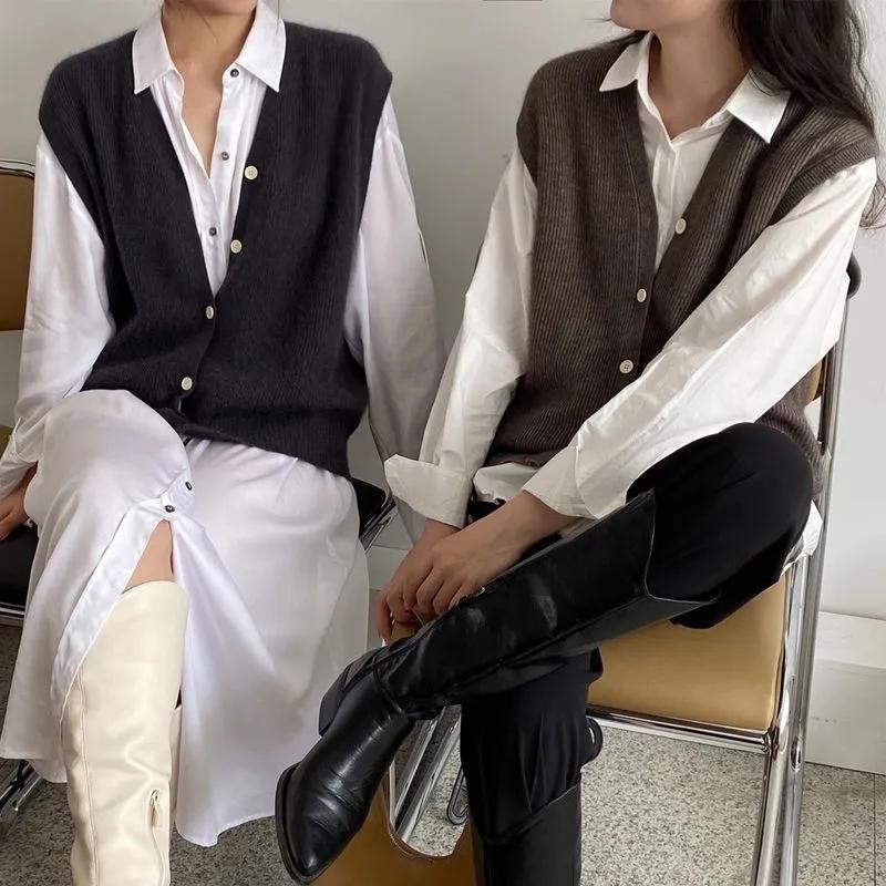 WTEMPO Solid Color Knitted Vests Office Ladies Elegant V-Neck Button Cardigans Coats Women's Spring Autumn Loose Sweater Vests